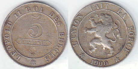 1900 Belgium 5 Centimes (Des Belges) A004071